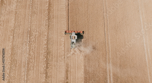 Top view of the combined harvester harvesting a farm field full of grains photo