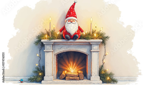 Santa Figurine on Festive Mantel with Holiday Lights and Greenery