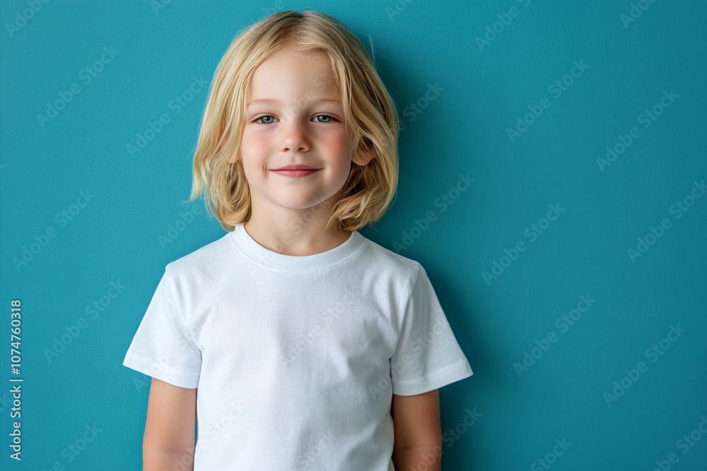 Nordic boy with blond long hair in white t-shirt on blue background. Mockup template for brand, print and advertising. Studio shooting of cute little model. Nordic boy with blond long hair in white t-shirt on blue background. Mockup template for brand, print and advertising. Studio shooting of cute little model.