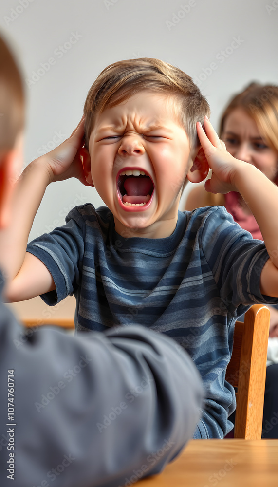 Autistic boy scream and close ears in pain during ABA development therapy sitting by the table with teacher isolated with white highlights, png Autistic boy scream and close ears in pain during ABA development therapy sitting by the table with teacher isolated with white highlights, png