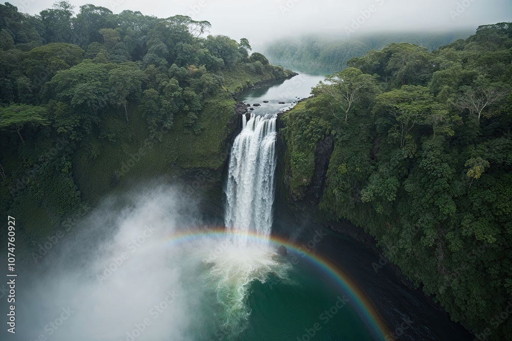 Mysterious Waterfall Hidden in Foggy Jungle Aerial View of Lush Green Scenery Mysterious Waterfall Hidden in Foggy Jungle Aerial View of Lush Green Scenery
