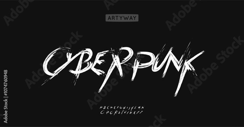 Cyberpunk graffiti alphabet, chaotic brush typeface, edgy wild lettering, expressive urban typography for rebellious punk logo, street intense style headline. Vector typeset.