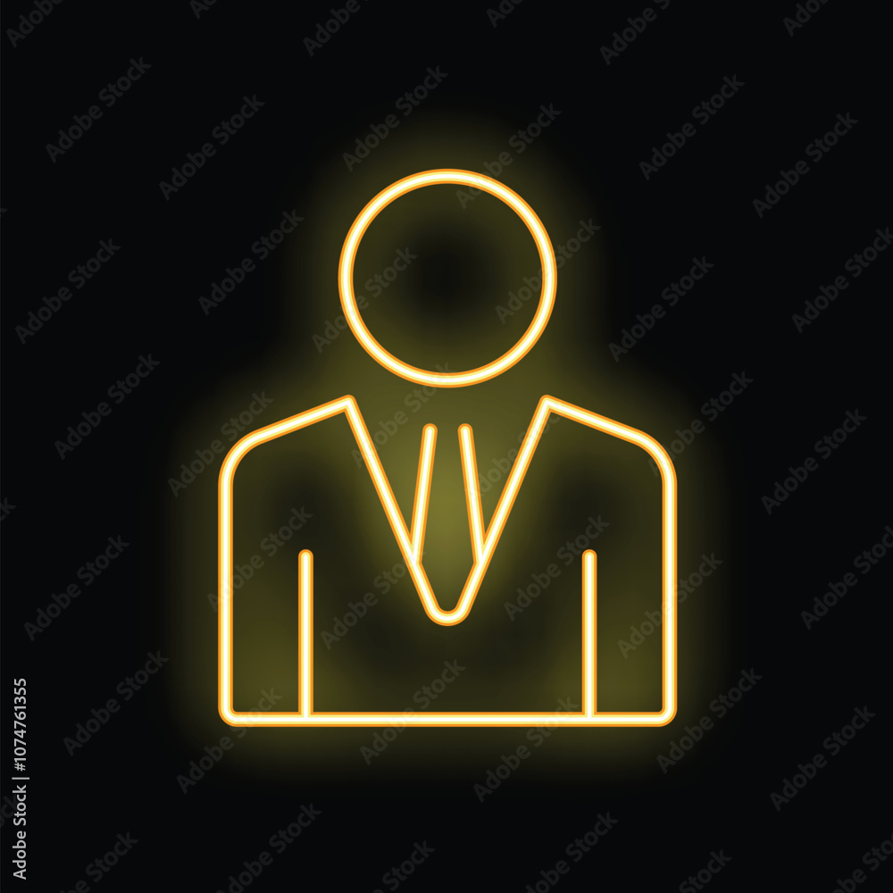 Neon yellow icon of a businessman wearing a suit and tie is glowing on a black background Neon yellow icon of a businessman wearing a suit and tie is glowing on a black background