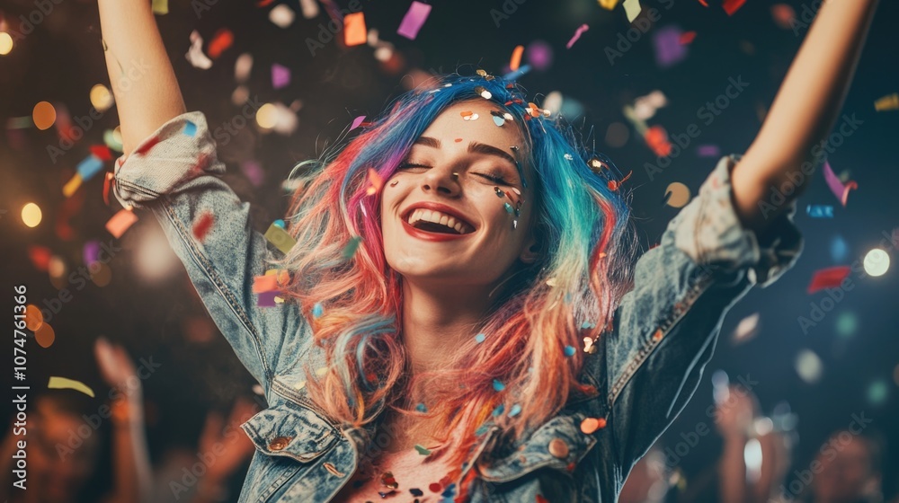 Happy young woman with colorful hair dancing at a party and throwing confetti into the air. Happy young woman with colorful hair dancing at a party and throwing confetti into the air.