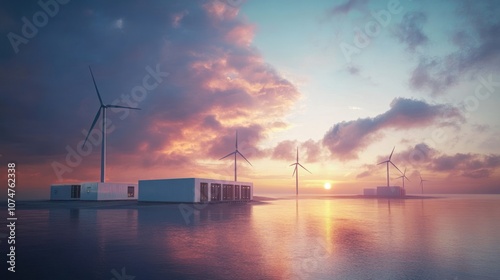 Wind Turbines and Modern Architecture at Sunset