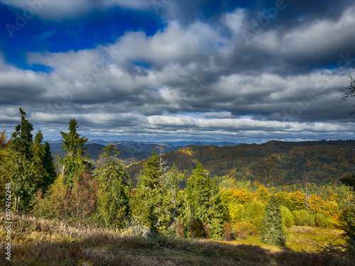 The landscape of Carpathian Mountains in the sunny weather. Perfect weather condition in the autumn season