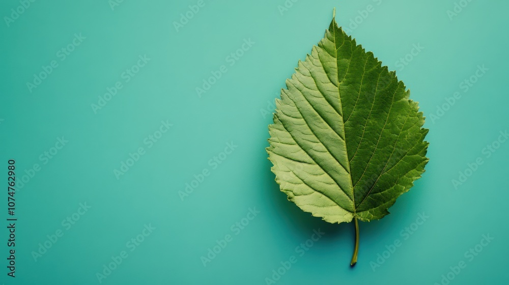 Fototapeta premium Single Green Leaf on Teal Background