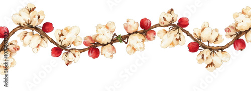 Watercolor Garland with Popcorn and Cranberries Illustration