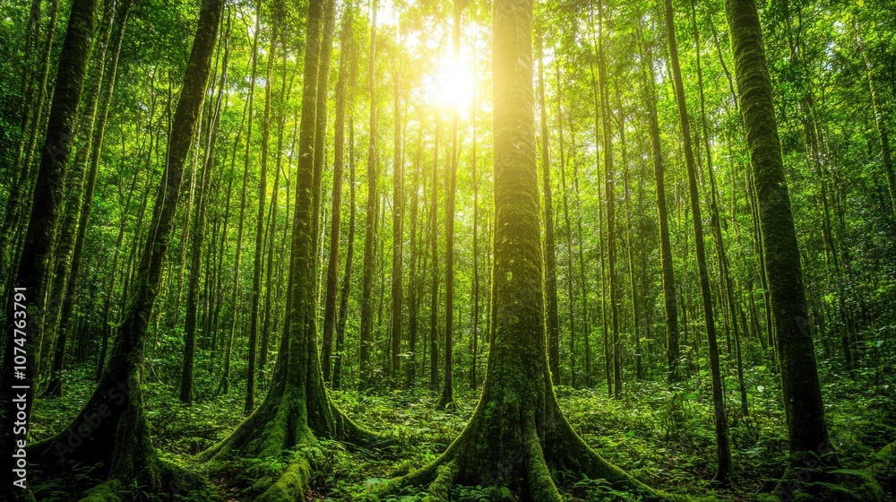 Obraz premium Lush Green Forest with Sunlight Filtering Through Trees