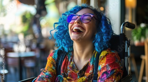 Happy woman with blue hair in a wheelchair laughing.