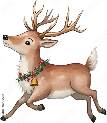 Watercolor illustration of a festive reindeer with jingle bells and joyful expression