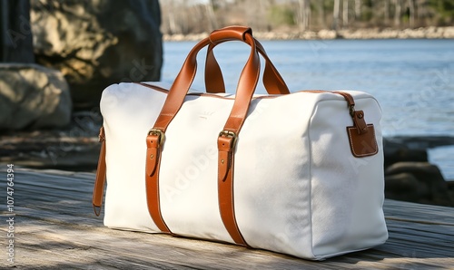 White Leather Weekender Bag with Brown Leather Accents photo