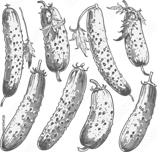 Monochrome illustrations of various cucumbers in different shapes and leaf details