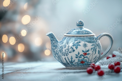 A ceramic teapot ornament decorated with winter motifs and soft blue patterns,  photo