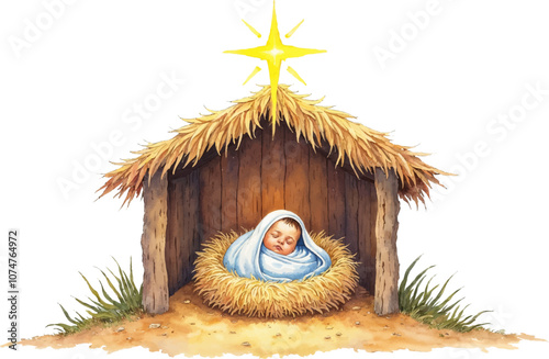 Watercolor Illustration of Baby Jesus in a Manger with Star Above