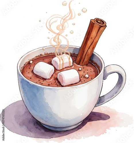 Watercolor illustration of festive hot chocolate with marshmallows and cinnamon