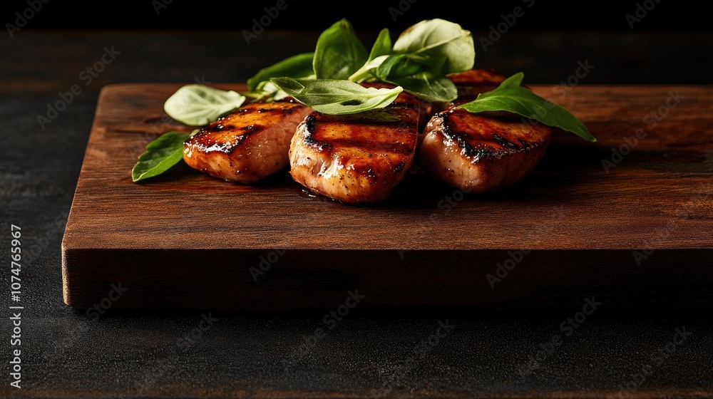Grilled Chicken on Wooden Board with Fresh Herbs Grilled Chicken on Wooden Board with Fresh Herbs