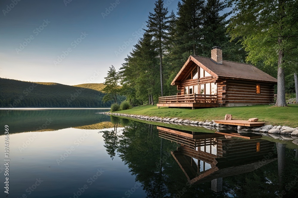 Fototapeta premium Serene Lakefront Log Cabin Retreat Surrounded by Stunning Reflections
