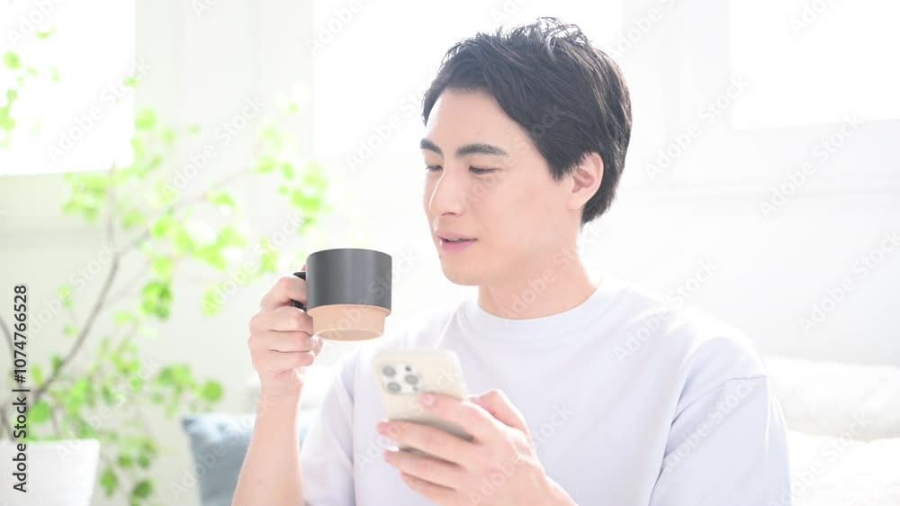 Video of a handsome man tapping, searching and operating a smartphone with a drink in a brightly lit room. Video of a handsome man tapping, searching and operating a smartphone with a drink in a brightly lit room.