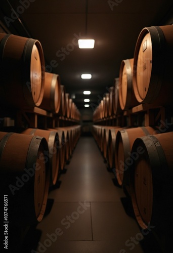 Rows of wooden barrels stacked in a dimly lit cellar photo