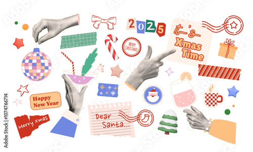 Christmas stickers set. Collage and 3d elements. Halftone hands with cocktails, disco ball. Cut out magazine 2025 numbers. New year doodle and retro graphics. Mixed media vector illustration