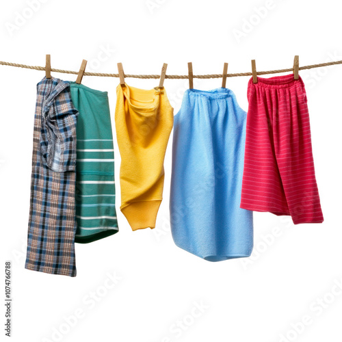 Clothes drying on a clothesline. Isolated on transparent background.