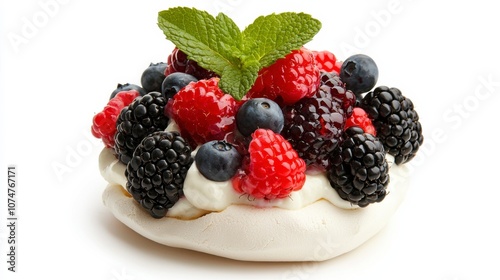 Delicious pavlova topped with fresh berries and mint leaves on a white background.