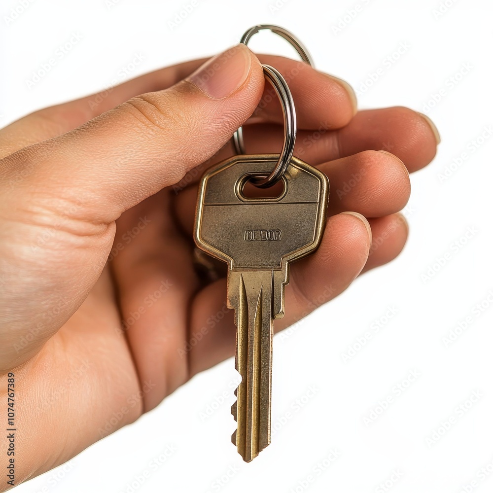 Hand holding house key on ring, new home, property purchase concept, isolated hand on white Hand holding house key on ring, new home, property purchase concept, isolated hand on white