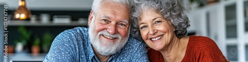 Joyful elderly couple smiling together in a cozy home setting, showcasing love and companionship through shared moments and warm expressions of happiness