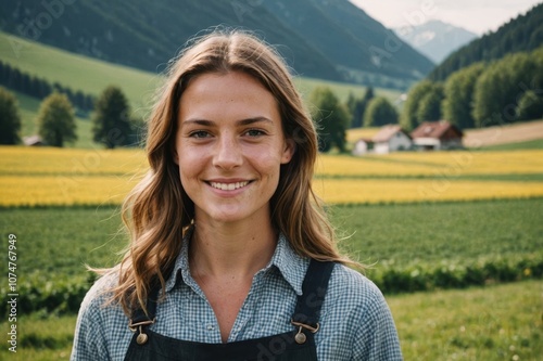 Close portrait of a smiling young Austrian female farmer standing and looking at the camera, outdoors Austrian rural blurred background photo