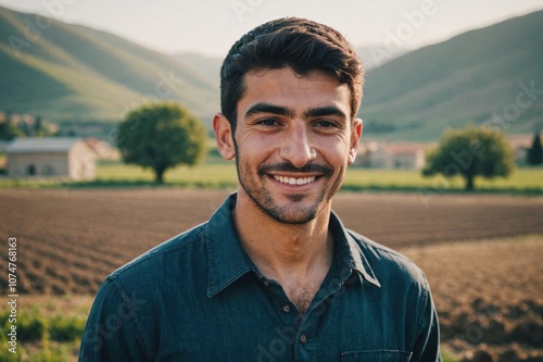 Close portrait of a smiling young Azerbaijani male farmer standing and looking at the camera, outdoors Azerbaijani rural blurred background