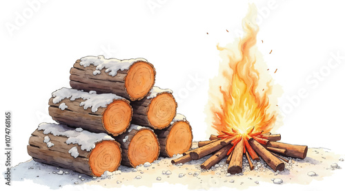 Winter Bonfire Beside Stacked Firewood with Snow, Outdoor Festive Gathering Scene