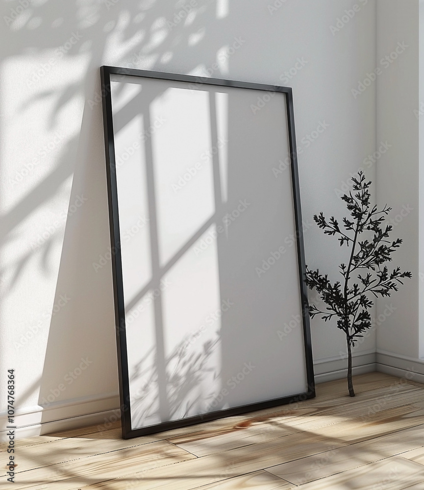 a black framed poster mockup leaning against the wall on wooden floor with window reflections a black framed poster mockup leaning against the wall on wooden floor with window reflections