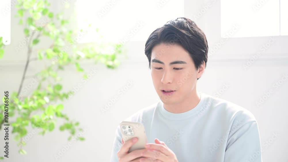Handsome smiling man in a brightly lit room tapping and nodding searching and manipulating his phone. Handsome smiling man in a brightly lit room tapping and nodding searching and manipulating his phone.