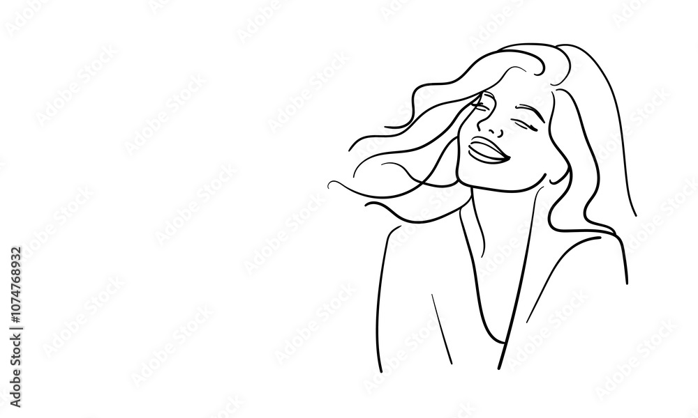 Happy girl continuous line art drawing isolated on white background. Happy lady relax line art. Vector illustration Happy girl continuous line art drawing isolated on white background. Happy lady relax line art. Vector illustration