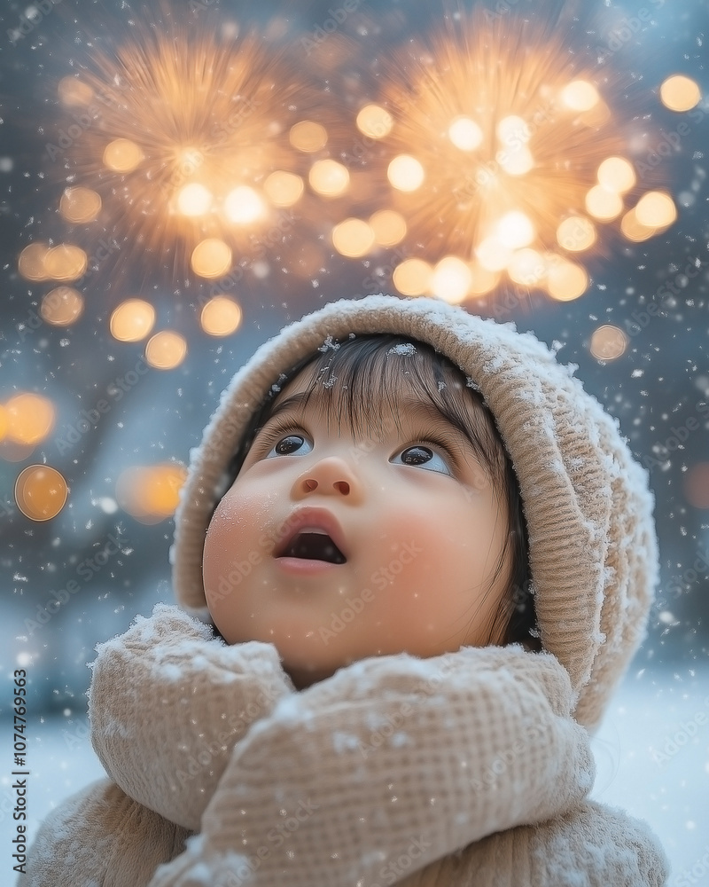 An Asian female child stands in awe, her eyes wide with amazement and delight, as she watches her first New Year fireworks display in a snowy park. An Asian female child stands in awe, her eyes wide with amazement and delight, as she watches her first New Year fireworks display in a snowy park.