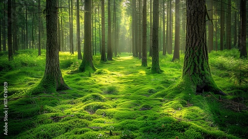 Sunlit Path Through a Mossy Forest