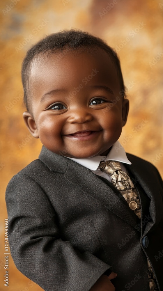Adorable baby in a suit smiling warmly with a patterned tie, against a warm, blurred background. Adorable baby in a suit smiling warmly with a patterned tie, against a warm, blurred background.