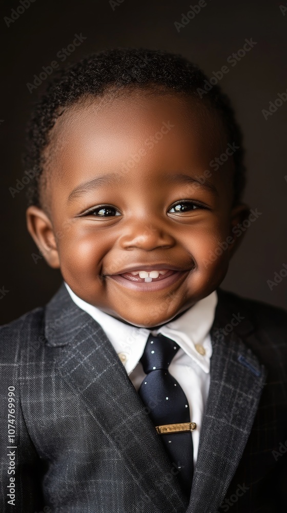 Charming portrait of a joyful child wearing a formal suit and tie, showcasing innocence and style with a bright smile. Charming portrait of a joyful child wearing a formal suit and tie, showcasing innocence and style with a bright smile.