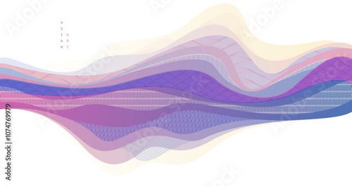 Abstract oriental Japanese art vector background, traditional style design, wavy shapes and mountains terrain landscape, runny like sea lines.