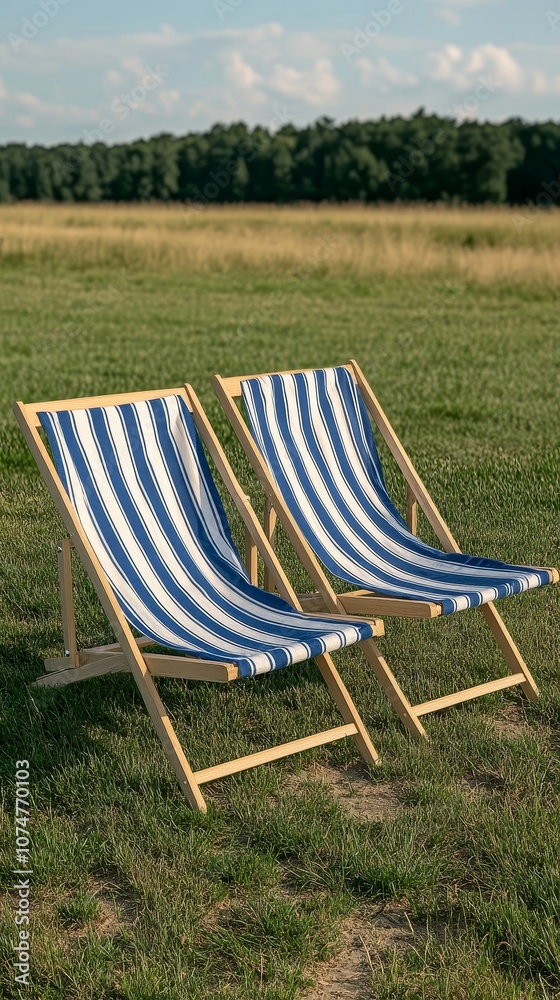 Two striped deck chairs on lush green grass under a clear blue sky, ideal for outdoor relaxation or summer events. Two striped deck chairs on lush green grass under a clear blue sky, ideal for outdoor relaxation or summer events.