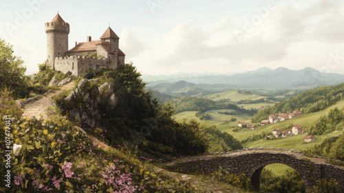 Medieval castle on rocky hill overlooking scenic countryside with stone bridge photo