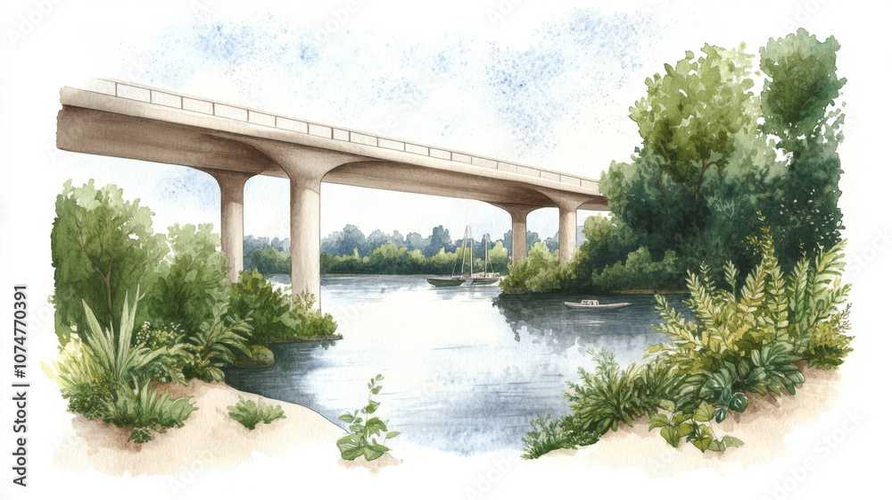 Serene river landscape with bridge and lush greenery in watercolor art Serene river landscape with bridge and lush greenery in watercolor art