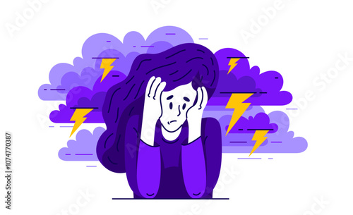 Young woman having a psychological problem of stress or anxiety, vector illustration of stressed girl having mental disorder or tired, headache flat style drawing