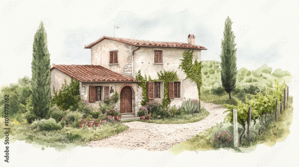 Charming tuscan villa surrounded by lush greenery and vines Charming tuscan villa surrounded by lush greenery and vines