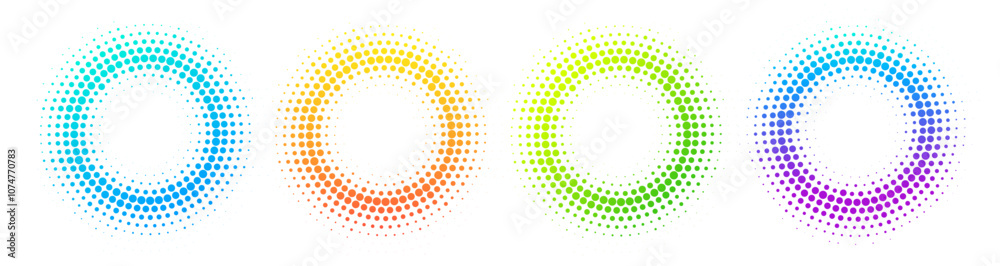 Halftone effect dotted gradient color frames set. Isolated vector dotted circles retro technology design elements