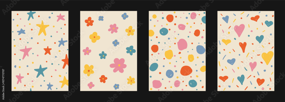Abstract hand drawn Y2K naive trendy patterns set. Vector organic colorful doodle shapes backgrounds, patterns in 70s groovy retro style
