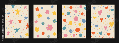 Abstract hand drawn Y2K naive trendy patterns set. Vector organic colorful doodle shapes backgrounds, patterns in 70s groovy retro style