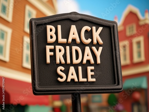 A festive sign announces a Black Friday sale in a charming, animated store setting, evoking holiday shopping excitement. photo