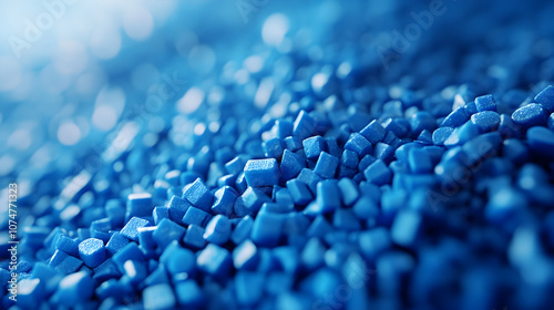 Closeup of blue plastic polypropylene granules, masterbatch polymer grain with shallow dof. HDPE or PVC resin pellets. 3d render illustration